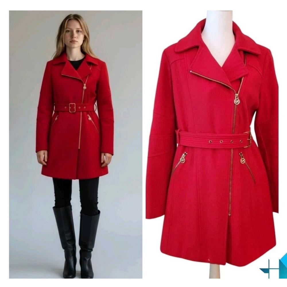 Vintage Wool Pea Coat Red Belted Moto Coat Winter Michael Kors Size M